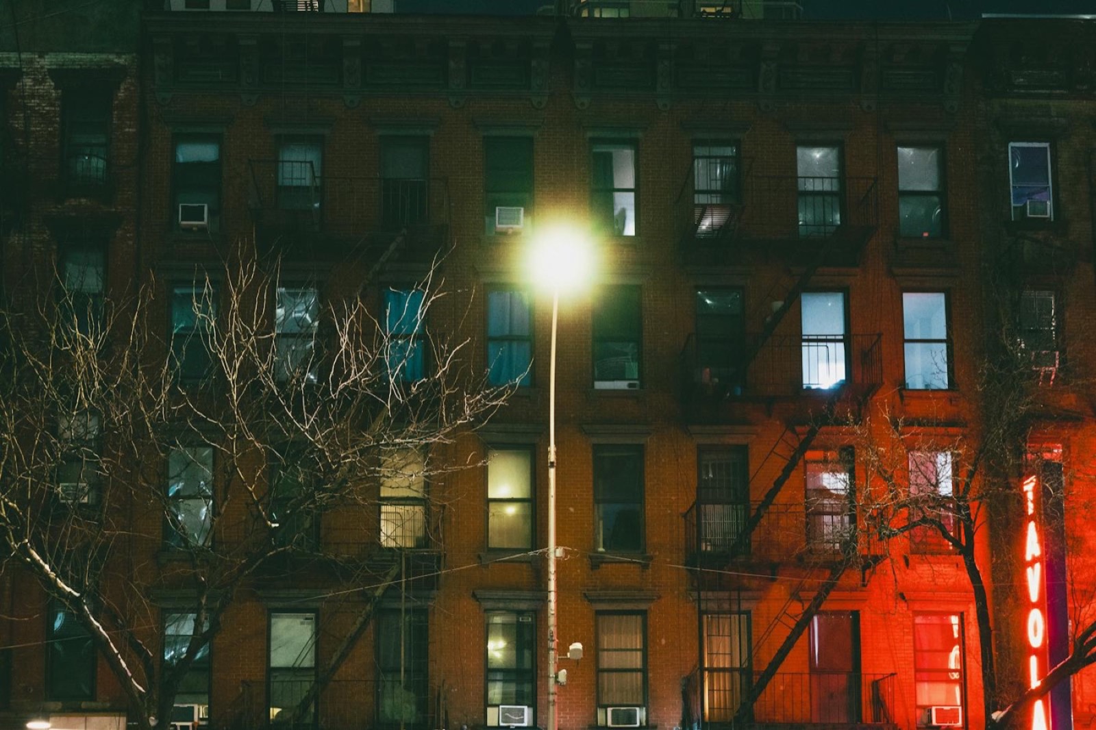 Brooklyn street at night with warm light